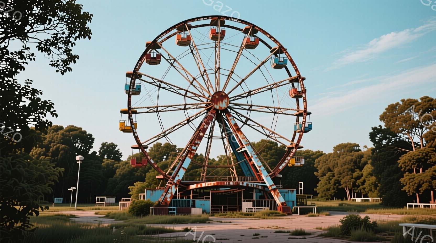 古びた遊園地の観覧車が、緑豊かな木々に囲まれて立っている。錆び付いた金属と剥がれかけたペンキが、長年の放置を示唆し、観覧車のゴンドラは色褪せた赤、青、黄色が混ざり合っている。背景には荒れ果てた舗装路と鬱蒼とした木々が見え、まるで忘れ去られた過去の風景を切り取ったような寂しげな雰囲気を醸し出している。
