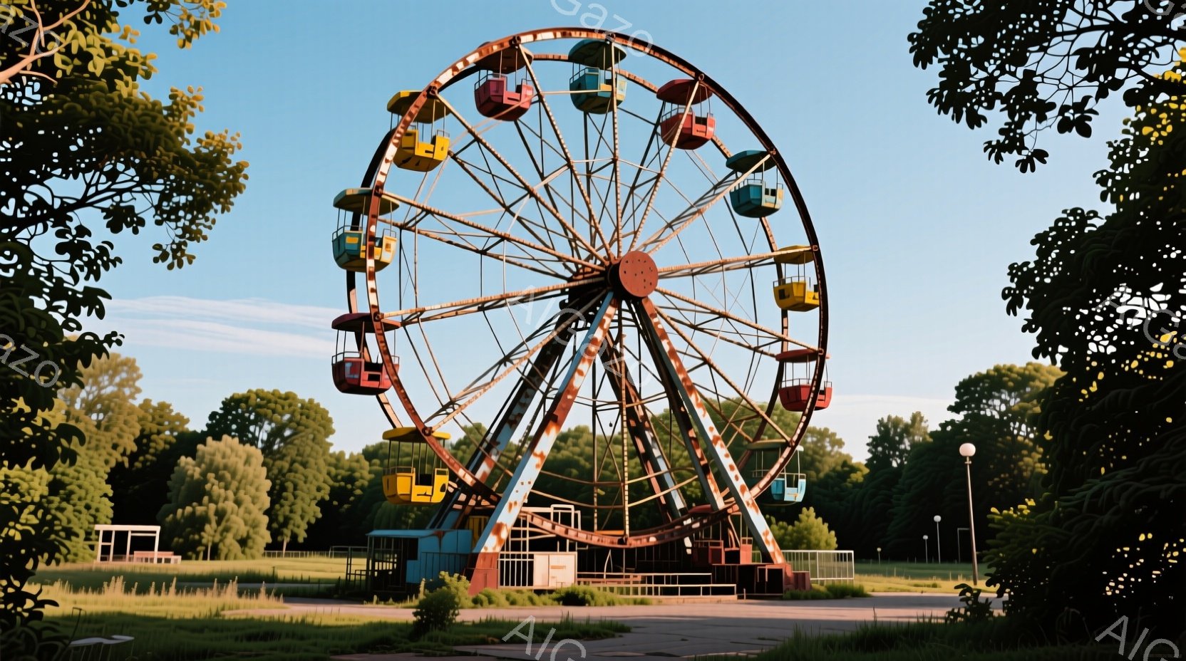 さび付いた観覧車が公園の中心にそびえ立っている。建物や緑豊かな木々に囲まれ、背景には青空が広がり、天候は晴れで穏やかだ。全体的に廃墟のような雰囲気で、かつての賑わいを偲ばせる寂しげな光景が広がっている。