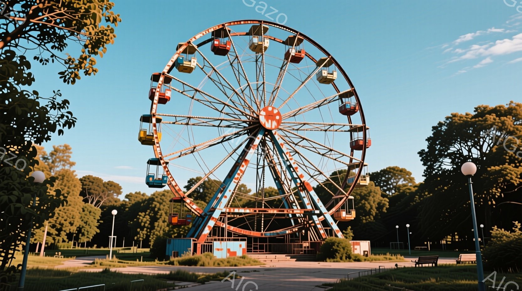 古びた観覧車が公園の中心にそびえ立ち、赤、青、黄色のキャビンが錆び付いた金属フレームに吊り下げられています。公園は緑豊かな木々に囲まれ、コンクリートの歩道とベンチが配置されており、夏の穏やかな晴天の下でどこか懐かしい雰囲気を醸し出しています。背景には控えめな建物が見え、全体的に時間が止まったような、静かで物憂げな情景です。