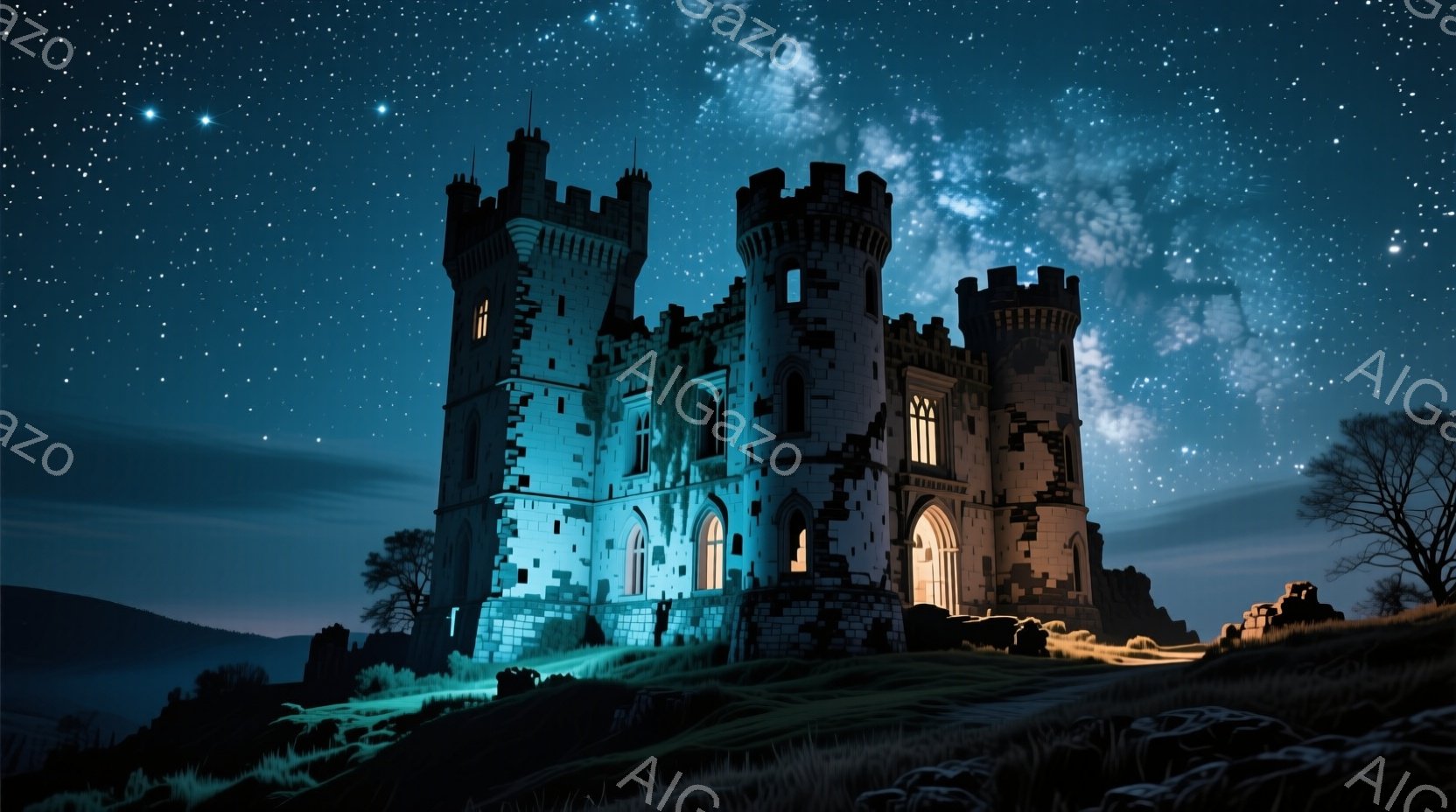 古城が夜空の下、青白い光に照らされている。その壮大なシルエットは、周囲の緑豊かな丘陵とコントラストを描き、まるで別世界に存在するかのようだ。星空の輝きが城壁を優しく包み込み、神秘的で幻想的な雰囲気を醸し出している。
