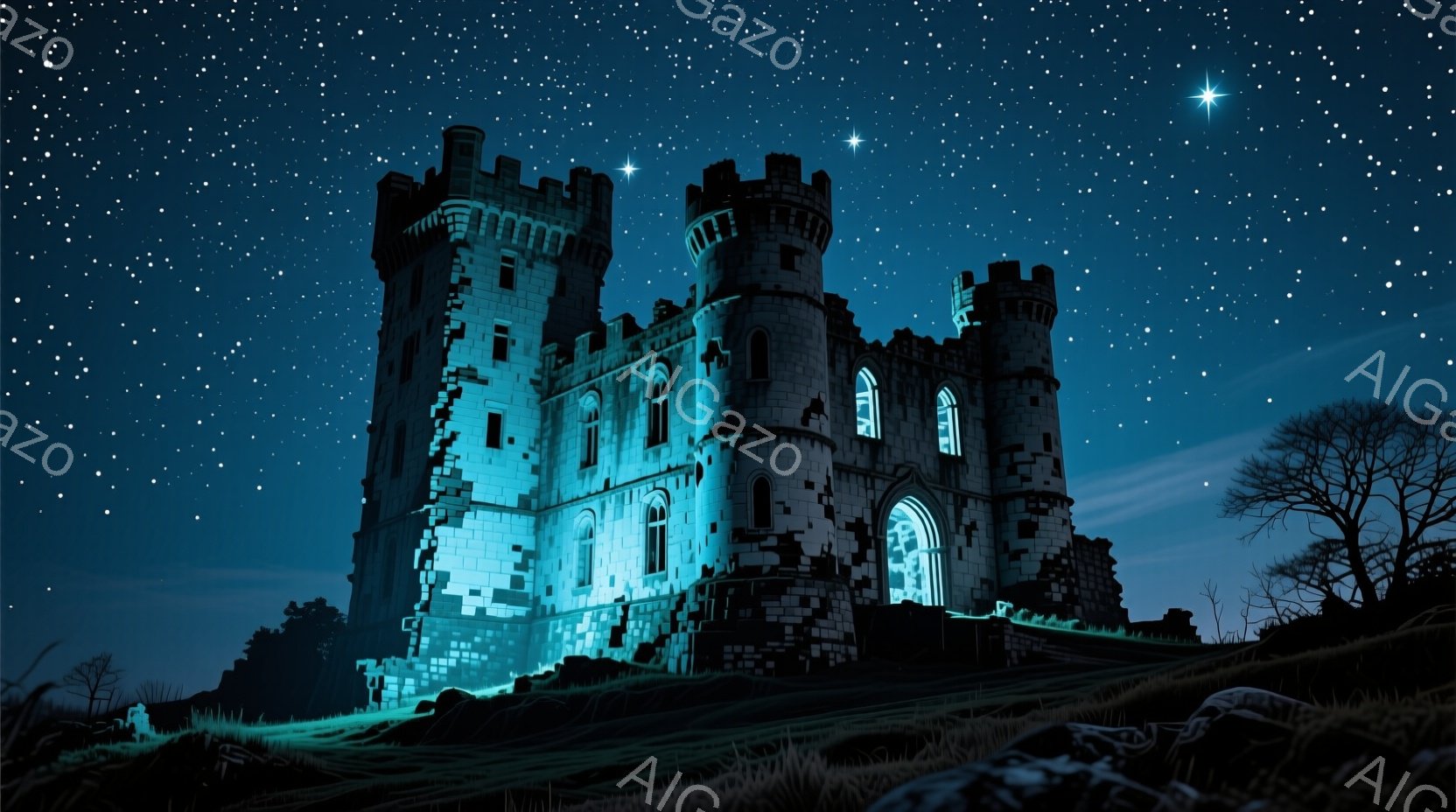 暗い夜空の下、ライトアップされた古城がそびえ立っている。城は石造りで、尖塔やアーチ状の窓が特徴的であり、一部崩壊している箇所も見られる。周囲は緑の草が生い茂る丘陵地帯で、遠くにはシルエット状の木々が点在し、神秘的な雰囲気を醸し出している。