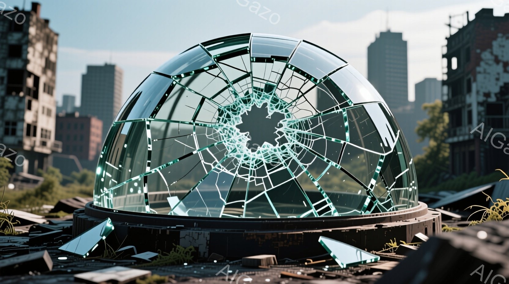 瓦礫と草が生い茂る荒廃した都市景観の中に、ひび割れたドーム状の構造物が存在している。ドームは金属製の台座の上にあり、その表面は蜘蛛の巣状のひびで覆われており、破壊された様子が強調されている。背景には崩れかけた高層ビル群がそびえ立ち、終末的な雰囲気を醸し出している。