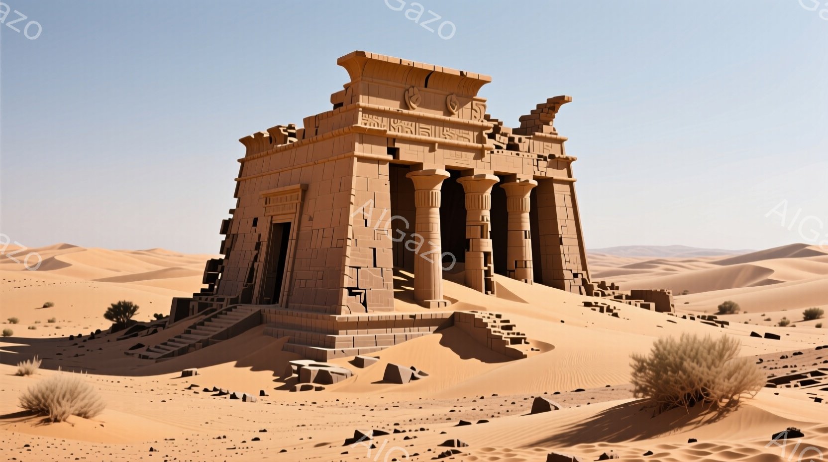 画像は砂漠の中にそびえ立つ古代エジプト様式の神殿を描いています。石造りの神殿は、幾重にも重なる階段の上に建てられ、柱や彫刻が施されています。周囲は砂丘が広がり、乾燥した空気と強い日差しが感じられる、静寂で厳かな雰囲気が漂っています。