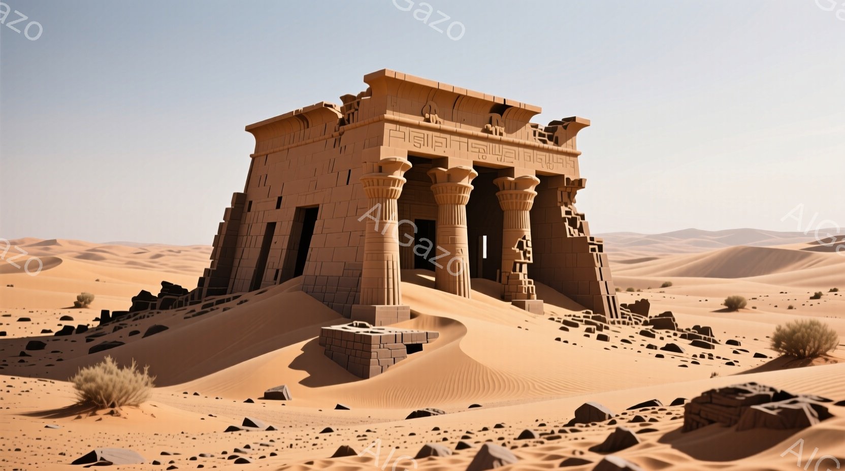 砂漠の中に古代エジプト様式の神殿がそびえ立っている。神殿は風化が進み、一部崩壊しているが、柱や壁の彫刻はまだ鮮明に残っている。背景は果てしなく続く砂丘と、かすかに見える遠くの地形が広がっており、乾燥した静寂な雰囲気を醸し出している。