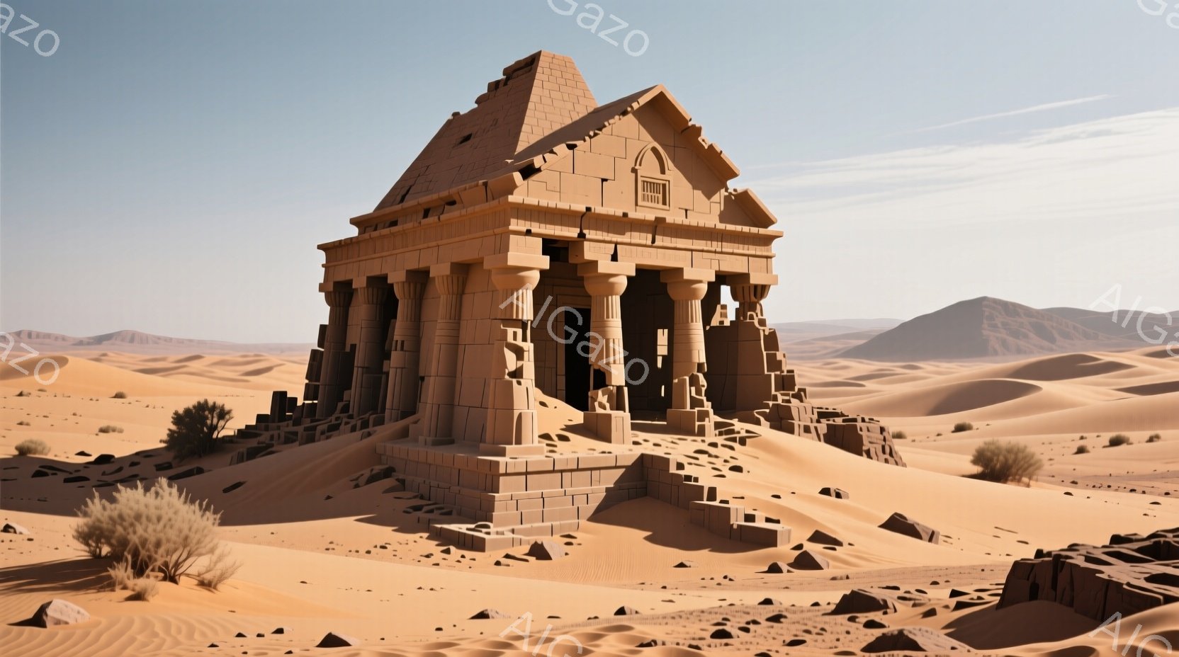 砂漠の中に古代エジプト様式の石造りの建造物が聳え立っている。建造物は風化が進み、一部崩壊しているが、柱や壁の彫刻はまだ鮮明に見える。背景には砂丘と遠くの山々が広がり、晴天の下、静寂で厳かな雰囲気を醸し出している。