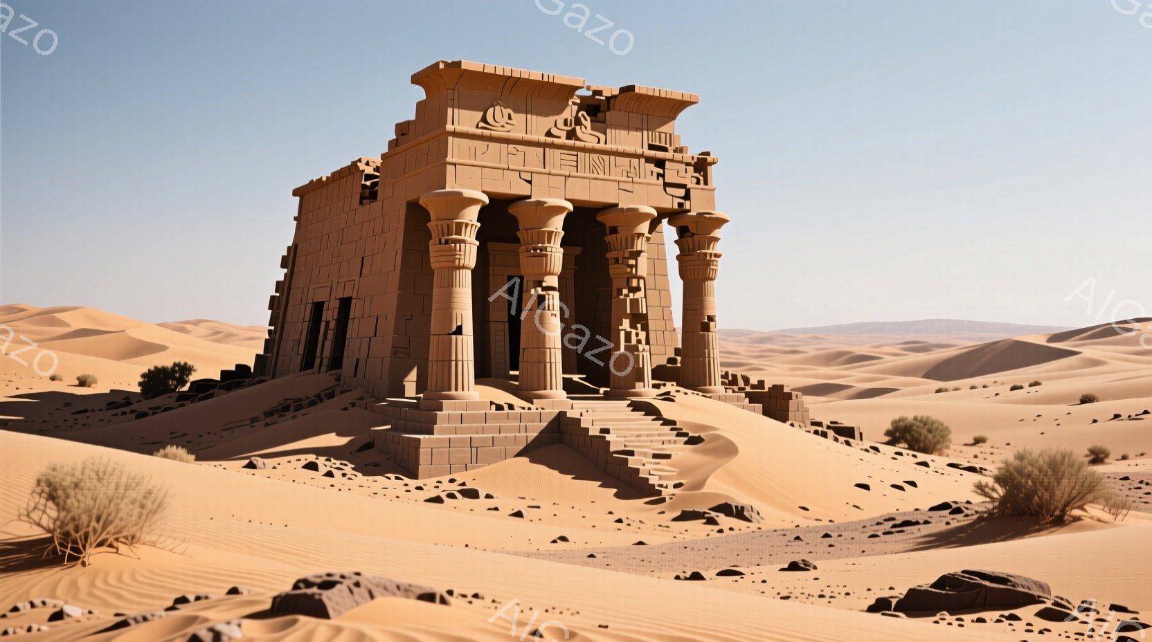 エジプト風の古代神殿が砂漠の中にそびえ立っている。神殿は風化が進み、石材の色が均一ではなく、長い年月を感じさせる。背景には穏やかな砂丘が広がり、晴天の下、静寂で厳かな雰囲気を醸し出している。