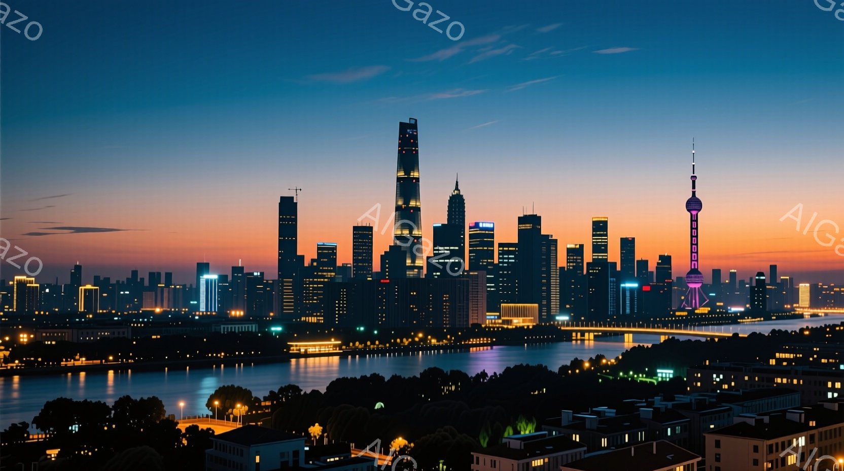 黄昏時に撮影された上海の夜景が広がっている。高層ビル群がライトアップされ、特に東方明珠電視塔が鮮やかなピンク色に輝いている。川面も街の光を反射し、全体的に落ち着いた雰囲気でありながら、活気のある都市のエネルギーを感じさせる。