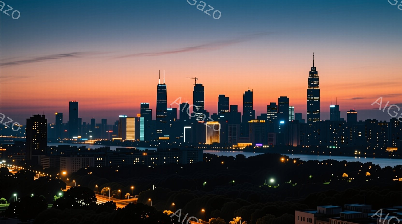 夜景が広がる都市のパノラマ写真です。高層ビル群がシルエットとなり、オレンジと紫色のグラデーションが美しい夕焼け空を背景に浮かび上がっています。手前に広がる緑地と街灯の灯りが、都市の喧騒と自然の静寂が共 - AI生成フリー素材