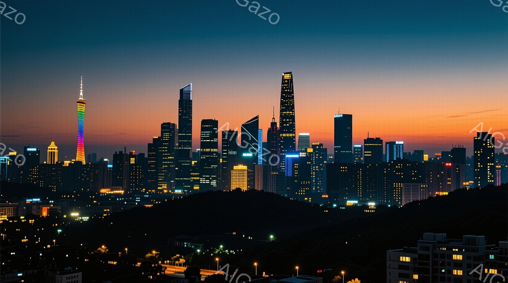 夜景が広がる都市の風景が見られます。高層ビル群がオレンジと紫色の夕焼け空を背景に輝き、遠くの建物は影の中に沈んでいます。全体的に、現代的で活気のある都市の夜の雰囲気が伝わってきます。 - AI生成フリー素材