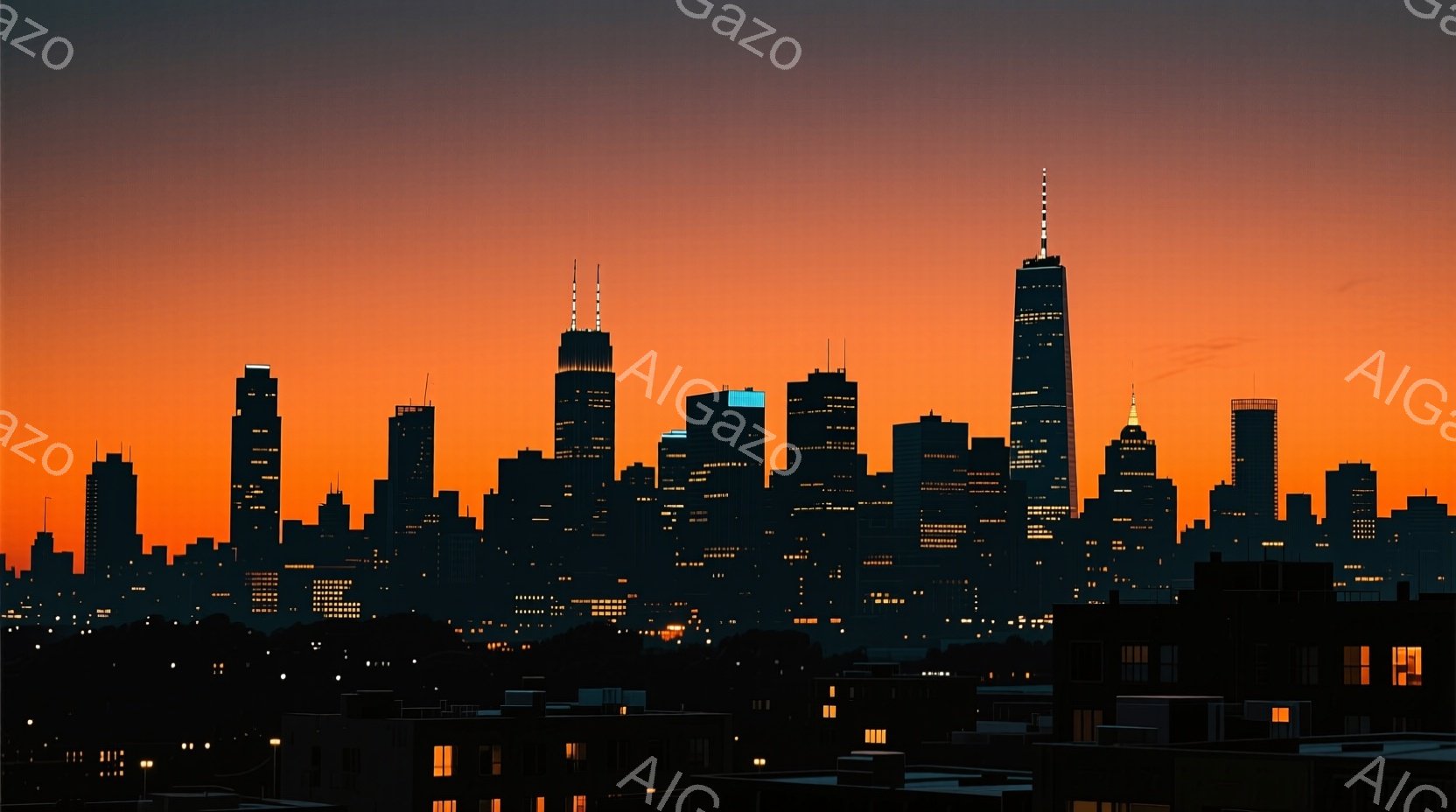 燃えるような夕焼けを背景に、高層ビル群がシルエットで描かれている都市景観です。ビルの窓には暖色の光が灯り、都市の熱気を表現しています。下部には、より低い建物が密集し、賑やかな都市生活を想像させます。 - AI生成フリー素材