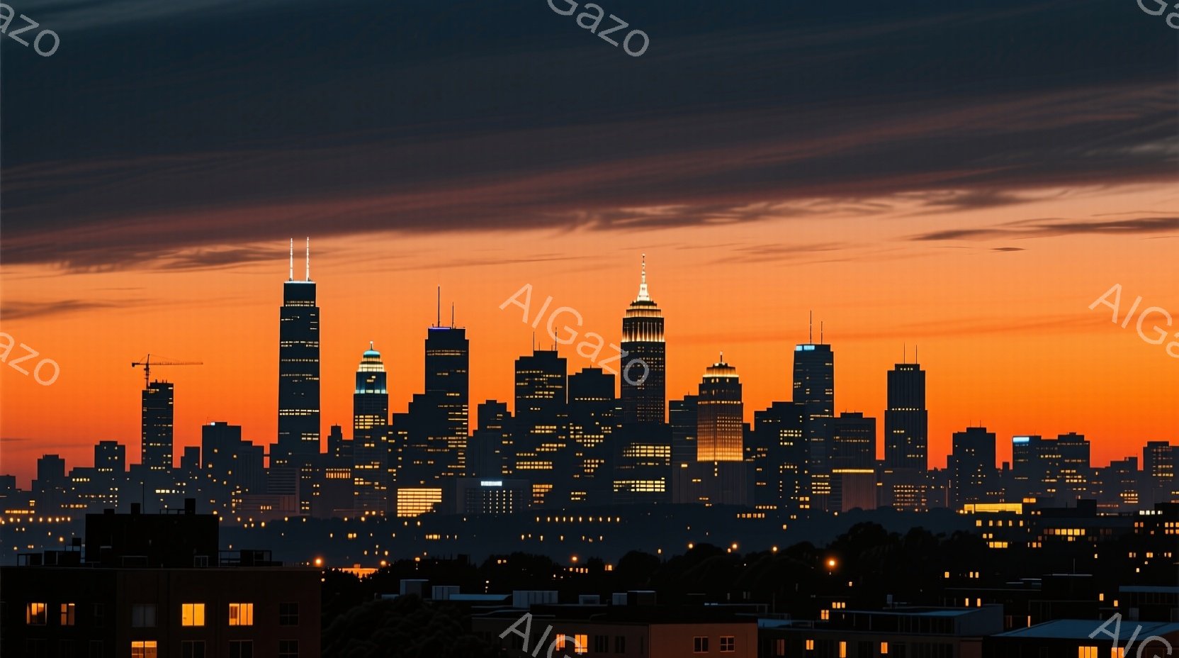 シカゴのスカイラインが夕焼けに照らされ、シルエットとして浮かび上がっている。高層ビル群は都市の活力を示しており、窓の明かりが点在することで、夜の賑わいを暗示している。空はオレンジと赤のグラデーションで、穏やかでドラマチックな雰囲気を醸し出している。