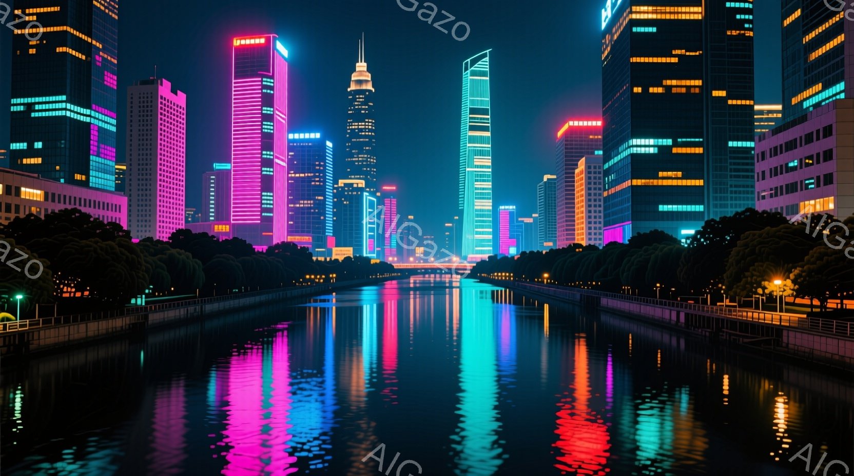 夜の上海の街並みが、煌びやかなネオンライトに彩られています。高層ビル群が左右に立ち並び、川面にその色彩が映り込み、幻想的な光景を作り出しています。川沿いの木々が暗闇の中でシルエットとなり、都市の光と自然の静けさが対照的な雰囲気を作り出しています。