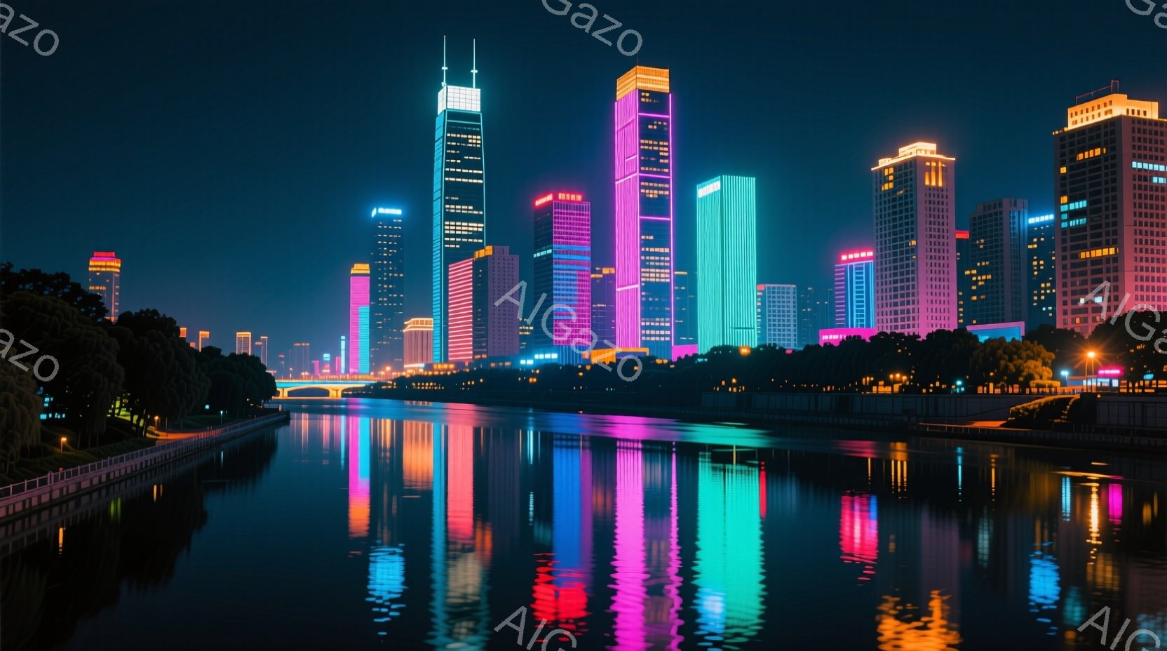 夜景が広がり、煌びやかな高層ビル群が水面に鮮やかに反射している様子が描かれている。様々な色のライトアップされたビルが立ち並び、まるで宝石のように輝いている。川沿いには緑がわずかに見え、都市と自然が調和 - AI生成フリー素材