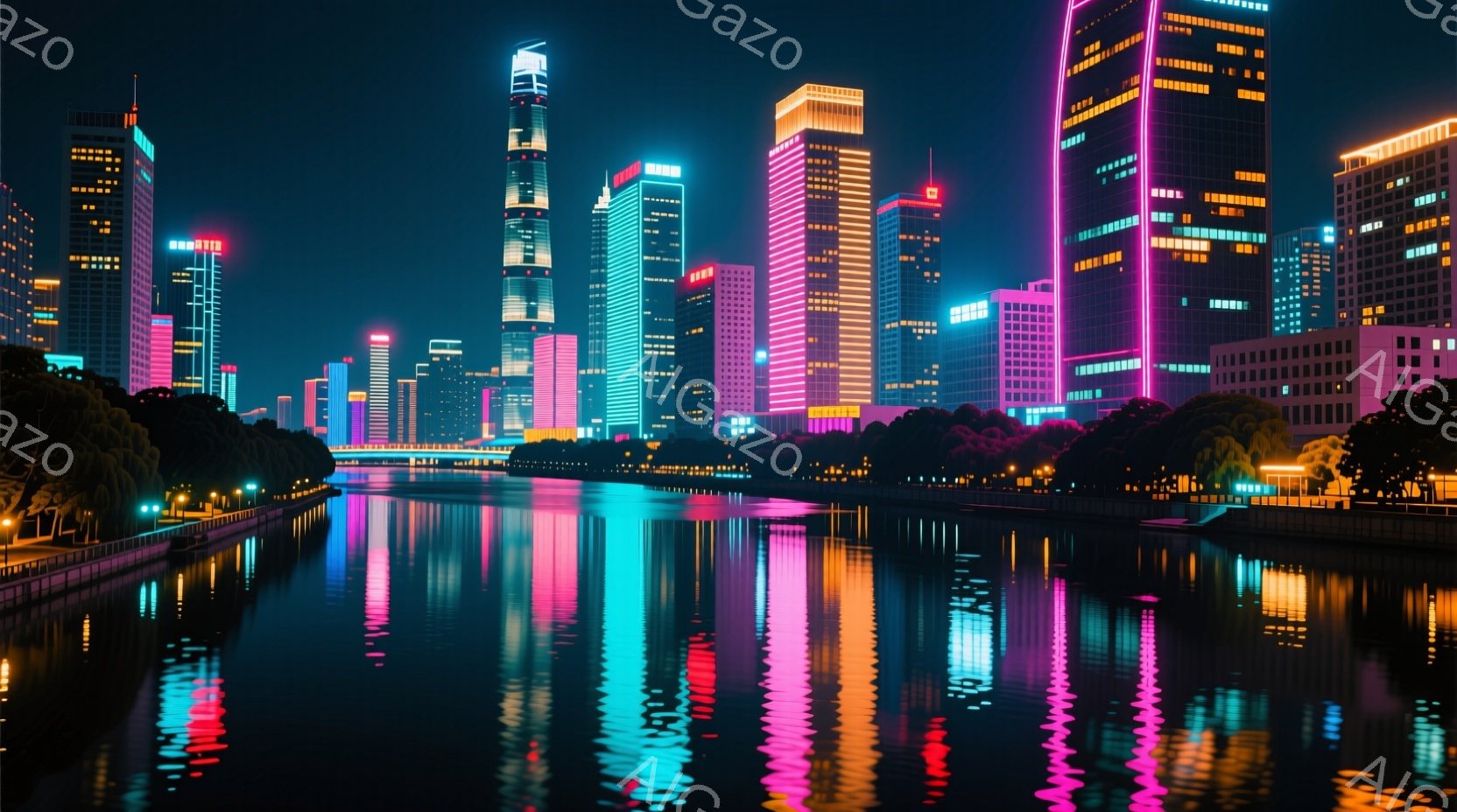 夜景が広がる都市の風景で、高層ビル群が鮮やかなピンクや紫、オレンジ色にライトアップされ、水面にその光が反射して美しい光景を作り出している。川沿いには緑豊かな木々が並び、都市の喧騒と自然の静寂が共存して - AI生成フリー素材