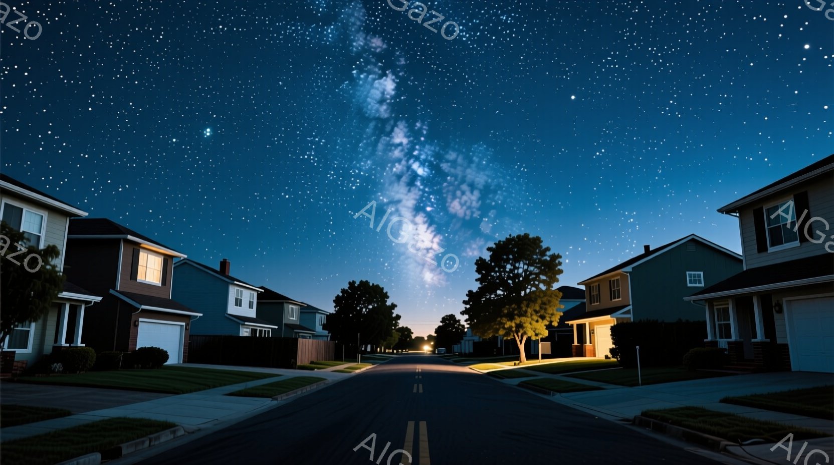 静かな郊外の通りが、夜空に広がる壮大な天の川を背景に広がっている。両側には一軒家が整然と並び、それぞれの窓から温かい光が漏れ出している。暗闇に浮かび上がる街路樹と星空が、平和で幻想的な雰囲気を醸し出し - AI生成フリー素材