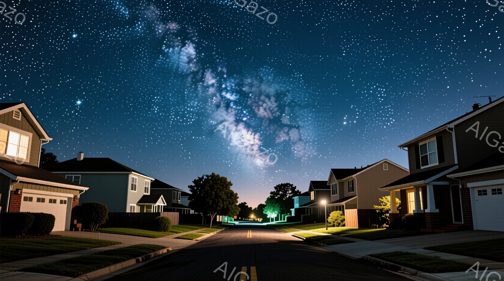 静かな郊外の通りが、夜空に広がる壮大な天の川の下に広がっている。一軒一軒の家は暖かく光を灯しており、緑豊かな芝生と街灯が穏やかな雰囲気を醸し出している。空には無数の星がきらめき、天の川がその美しさを一層引き立てている。