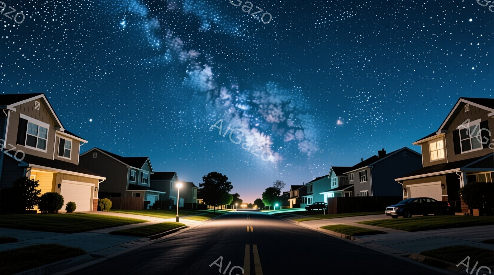 静かな住宅街の夜空に天の川が広がり、家々の窓から温かい光が漏れています。道路はきれいに整備され、両脇には手入れの行き届いた芝生と木々が並び、穏やかな雰囲気を醸し出しています。夜空には無数の星が輝き、夜 - AI生成フリー素材