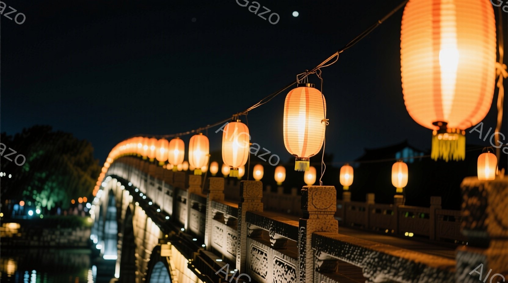 夜空を背景に、提灯が連なる石橋が印象的な光景です。橋は複雑な彫刻が施されており、水面にぼんやりと光が反射しています。全体的に幻想的で静寂な雰囲気が漂い、夜の散歩に誘われるような美しい情景です。 - AI生成フリー素材