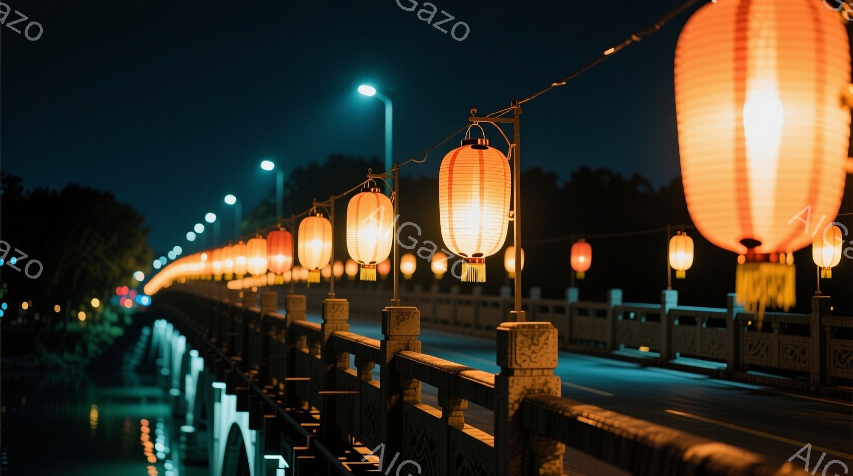 夜の川にかかる橋には、伝統的な赤い提灯が等間隔に並べられ、温かい光を放っている。橋の欄干は精巧な彫刻が施されており、水面に映る光と相まって幻想的な雰囲気を醸し出している。夜空は濃い藍色で、遠くには街灯 - AI生成フリー素材