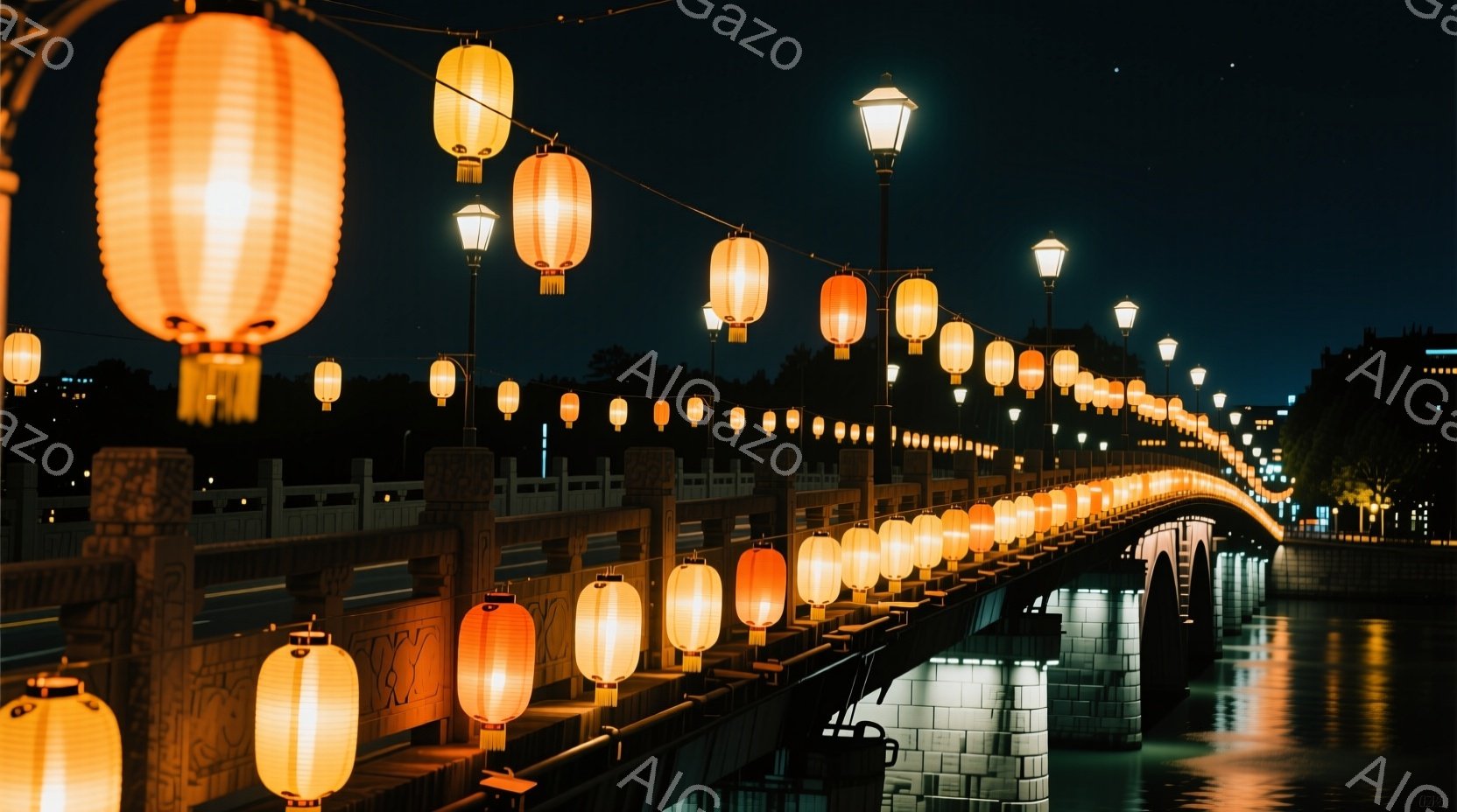 提灯が連なる橋の夜景で、オレンジ色の光が水面に反射し、幻想的な雰囲気を醸し出しています。石造りの橋脚と水面が落ち着いた印象を与え、夜空にはわずかな星が輝いています。全体的に静かで穏やかな、美しい夜の風 - AI生成フリー素材