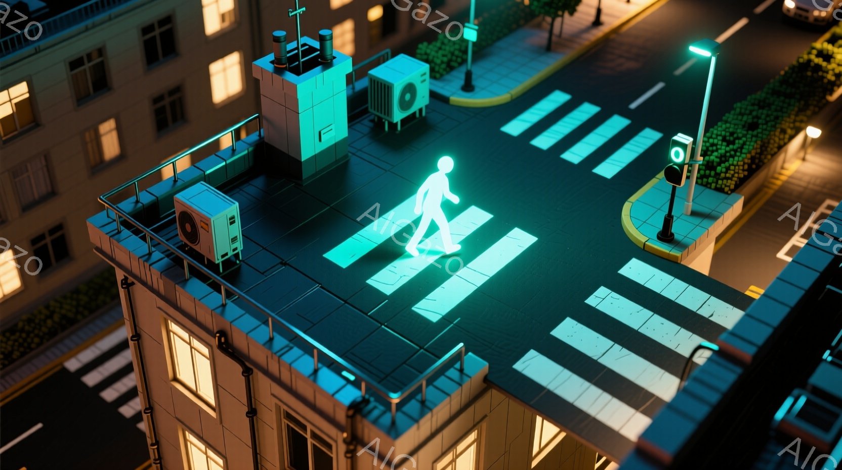 夜の都市の俯瞰図で、建物が密集し、横断歩道が光っている様子が描かれています。光を放つ人物が横断歩道を歩いており、まるでサイバーパンク風の未来都市のようです。背景には緑の木々が見え、都市の夜景と自然の調和が感じられます。