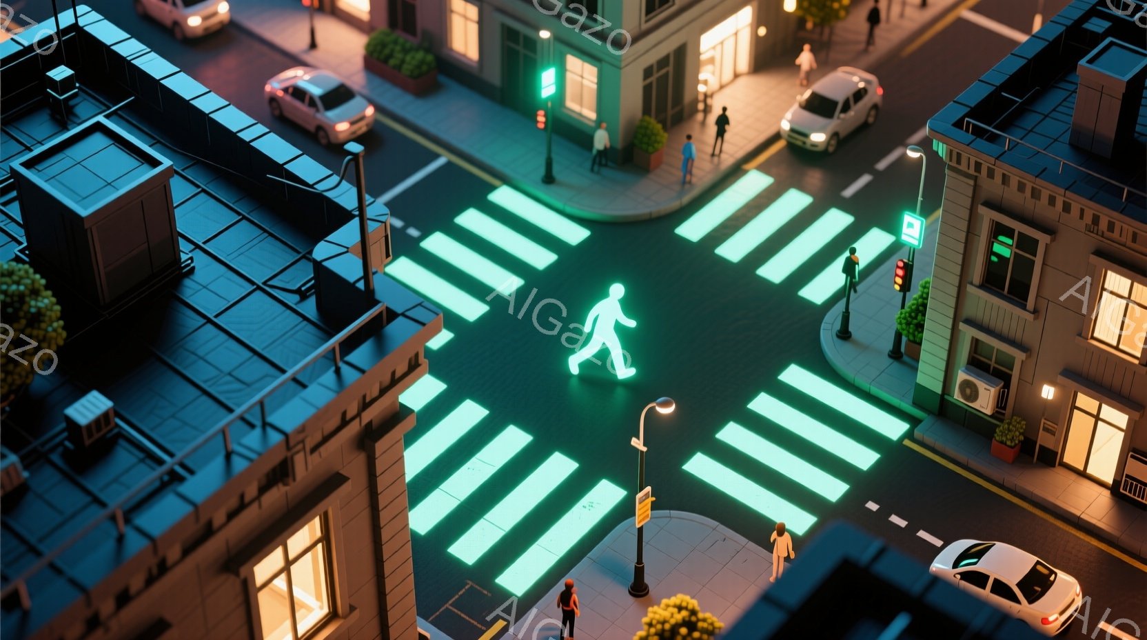 夜の街並みの一角が捉えられており、ネオンが光る横断歩道を人が歩いている様子が描かれている。周囲には近代的な建物が立ち並び、植木や街灯などが配置されており、夜の静かで落ち着いた雰囲気が漂っている。 人々 - AI生成フリー素材