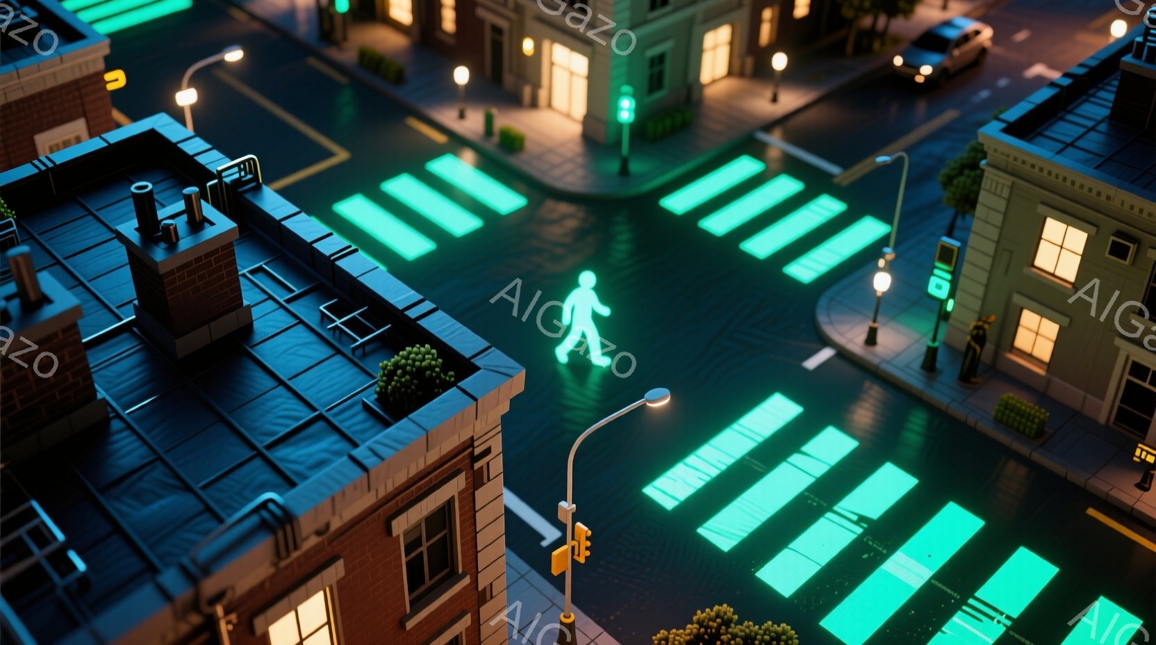 夜間の街並みが、ミニチュアのような独特な表現で描かれている。道路には光る横断歩道があり、一人の人物が横断歩道を歩いている。建物はレンガ造りで、屋上には植物が置かれ、夜の静けさと少し未来的な雰囲気が漂っ - AI生成フリー素材