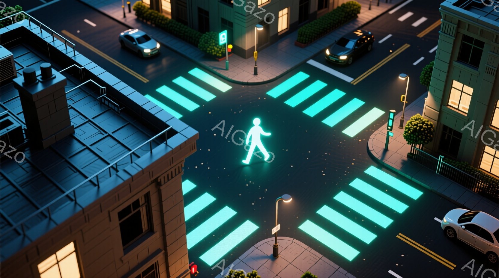夜の街並みを俯瞰した画像で、鮮やかな水色の横断歩道の中央を、同じく水色のシルエットの人物が歩いている。 周囲にはモダンな建物や街路樹が見られ、薄暗い夜空に街灯が灯っている様子から、静かで少し幻想的な雰囲気が漂っている。 全体的にミニチュアのような、模型のような可愛らしい表現が特徴的だ。