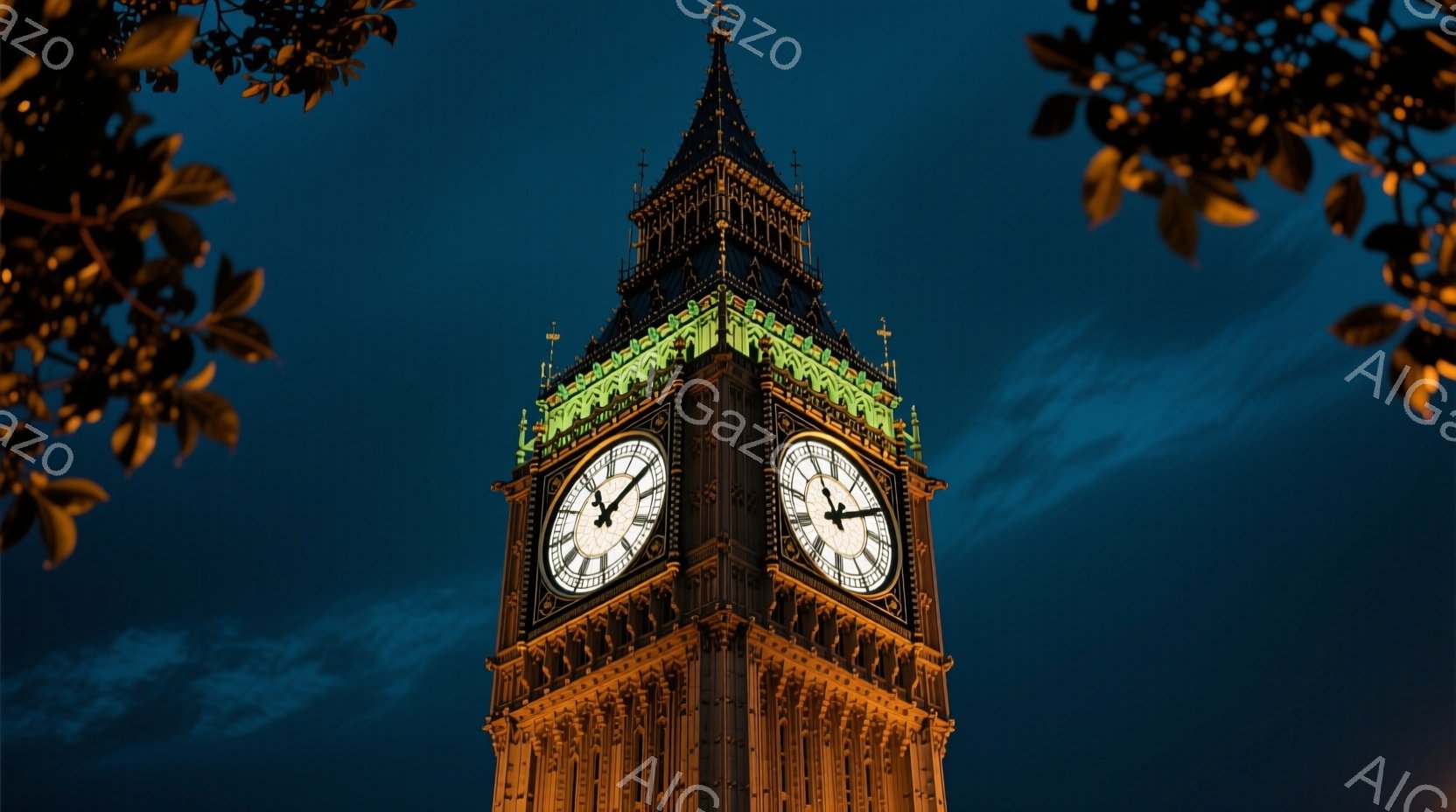 夜空を背景に、ウェストミンスター宮殿の時計台、通称ビッグ・ベンがそびえ立っている。時計台は黄金色にライトアップされ、緑色の屋根が夜空に映える。空は濃い青色で、雲がわずかに見え、荘厳で歴史的な雰囲気を醸 - AI生成フリー素材