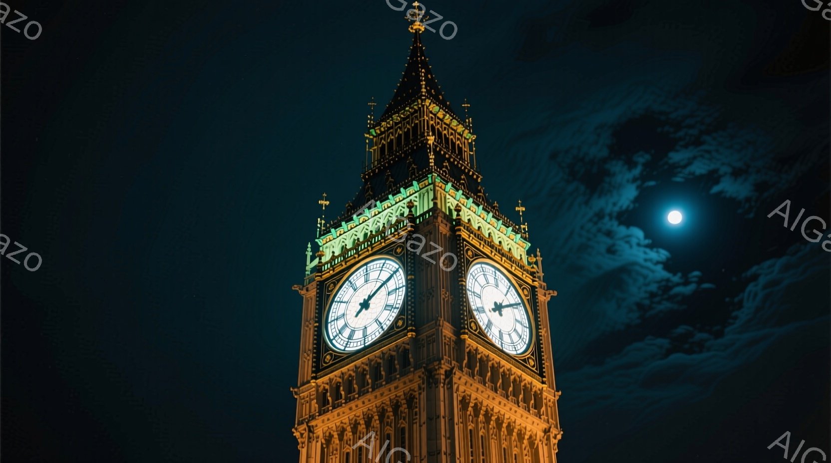 夜空を背景に、ウェストミンスター宮殿に付属する時計台、ビッグ・ベンが黄金色にライトアップされている。時計は夜の闇の中で明るく輝き、時間の経過を静かに示している。月と雲が背景に広がり、荘厳で幻想的な雰囲 - AI生成フリー素材