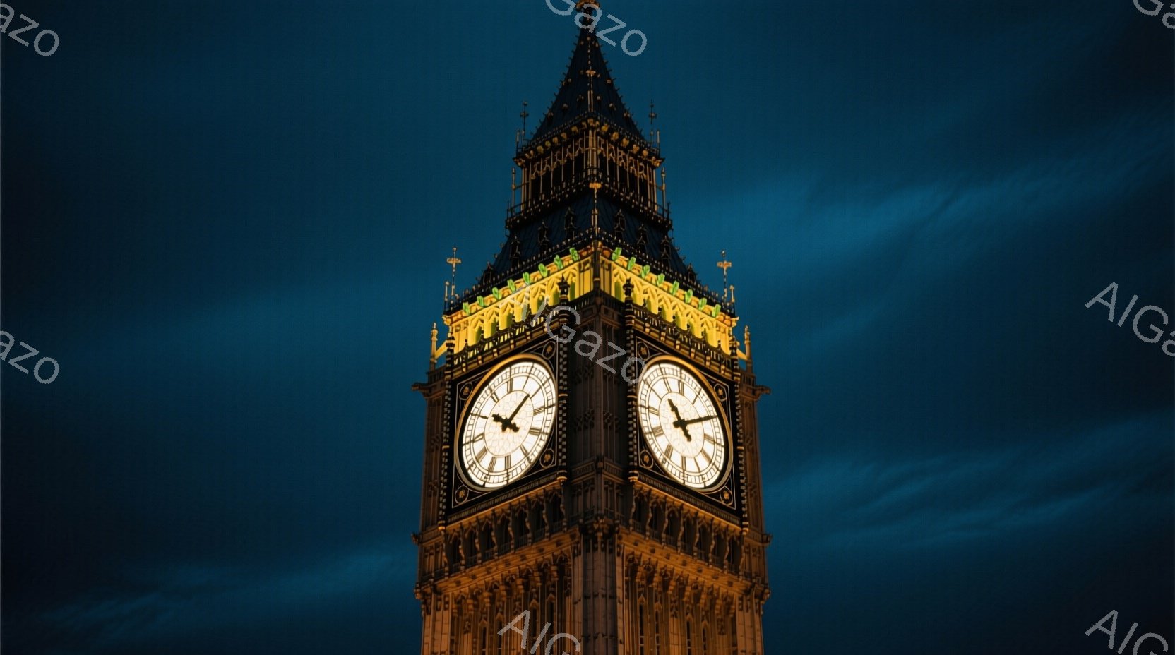 夜空を背景に、ウェストミンスター宮殿の時計台（ビッグ・ベン）がそびえ立っている。塔は暗闇の中に浮かび上がり、時計の文字盤と一部の構造が黄金色に輝いている。濃い青色の夜空と、塔のゴシック様式の建築様式が、荘厳で歴史的な雰囲気を醸し出している。