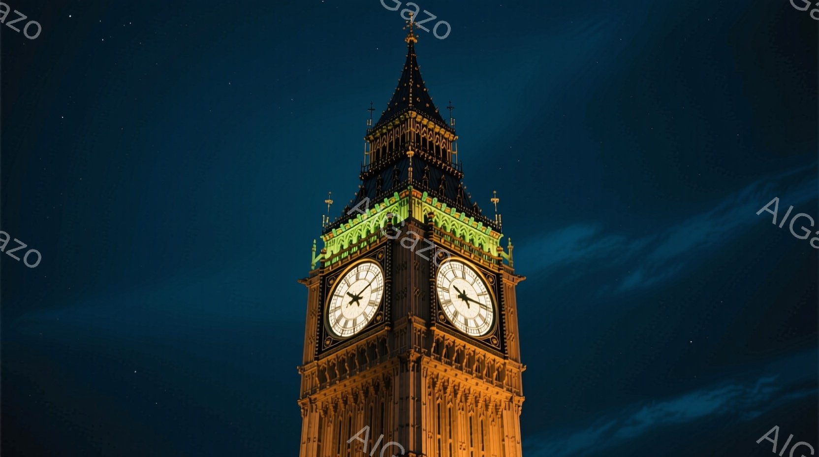夜空を背景に、ウェストミンスター宮殿の時計台、通称ビッグ・ベンがそびえ立っている。塔は黄金色にライトアップされており、時計の文字盤は明るく輝いている。深い青色の空には、かすかに星が散りばめられ、荘厳で - AI生成フリー素材
