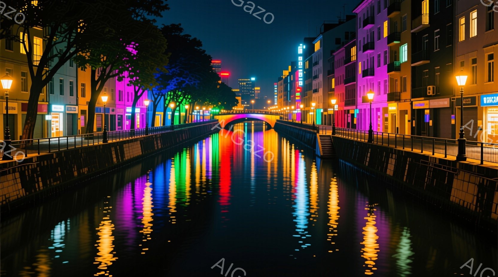 夜の運河が、街の光を反射して虹色に輝いている風景だ。両岸にはカラフルな建物が並び、街灯や窓明かりが水面に映り込み、幻想的な雰囲気を醸し出している。背景には高層ビルが見え、夜空と運河の水面が、静かで美し - AI生成フリー素材