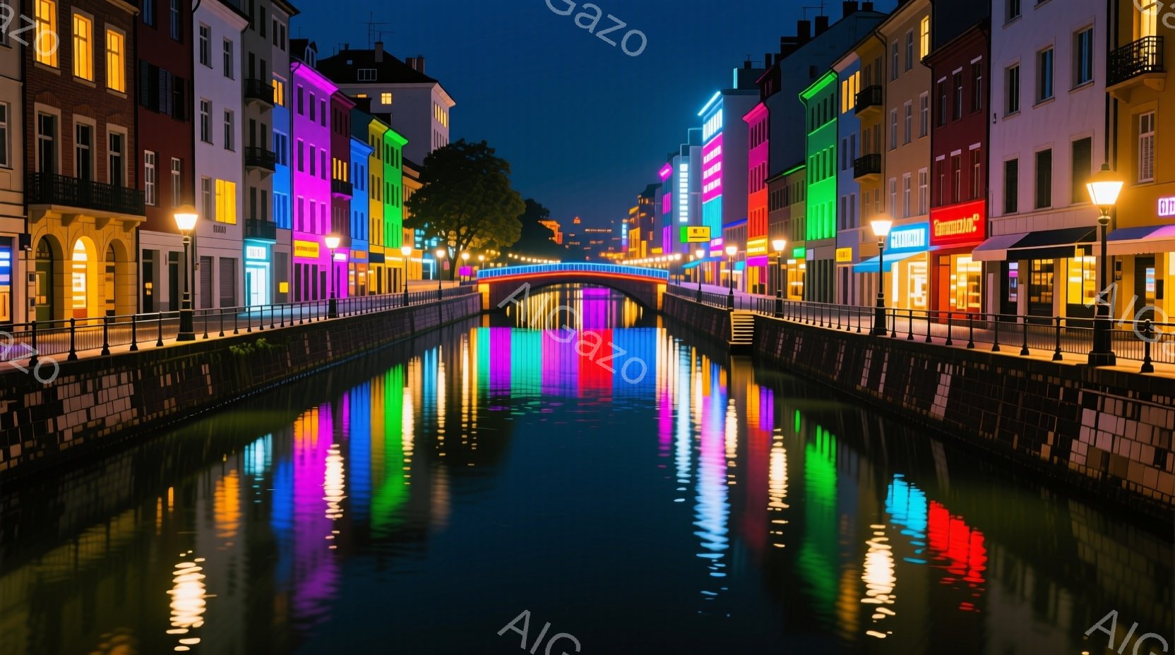 夜の運河が映し出すカラフルな建物が印象的な光景です。運河の水面は、ネオンライトのような建物の色彩を美しく反射しており、幻想的な雰囲気を醸し出しています。背景には、丘の上に見える灯りが小さく光り、静かで - AI生成フリー素材