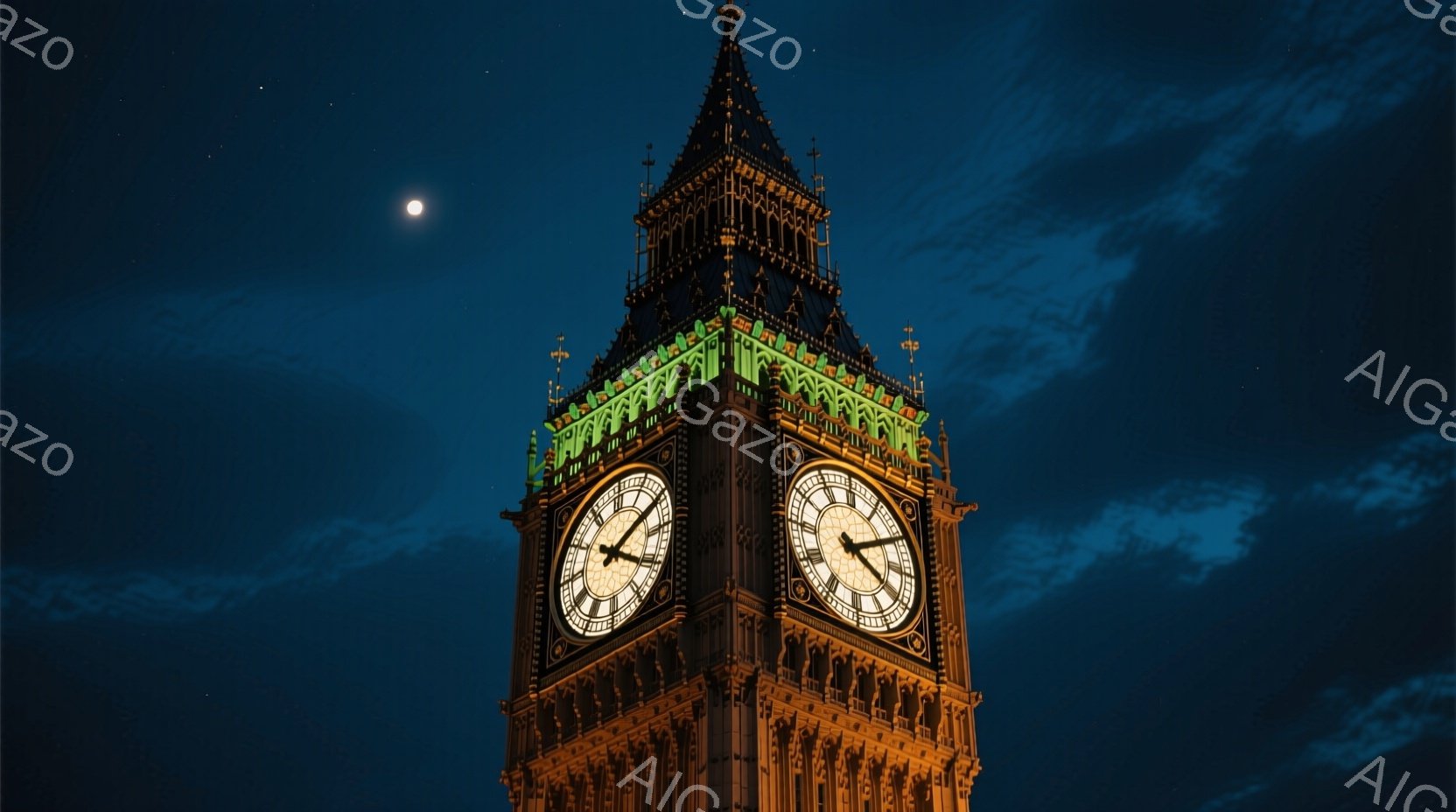 夜空を背景に、ウェストミンスター宮殿の時計台（ビッグ・ベン）が荘厳にそびえ立っている。時計台はライトアップされており、その繊細な装飾と深い影が強調されている。暗い藍色の空には、ぼんやりとした月が輝き、静かで落ち着いた雰囲気を醸し出している。