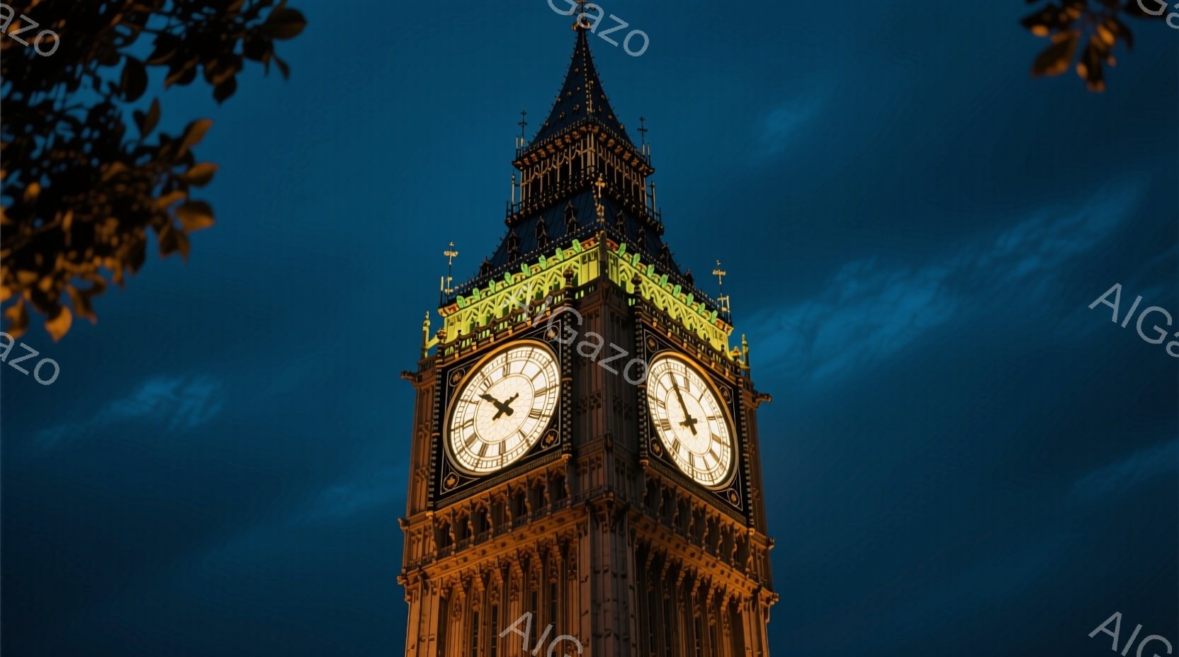 夜空を背景に、ウェストミンスター宮殿の時計台（ビッグ・ベン）がそびえ立っている。ライトアップされた時計台は荘厳で、ゴシック様式の建築が詳細に表現されている。濃い青色の空と時計台の黄金色の光がコントラス - AI生成フリー素材