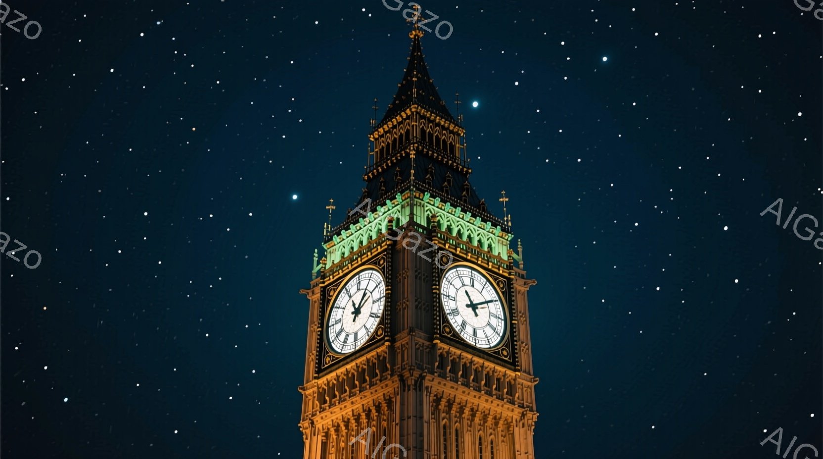 夜空を背景に、ウェストミンスター宮殿に隣接する時計台ビッグ・ベンの荘厳な姿が捉えられています。黄金色の光でライトアップされた塔は、細部にまでこだわったゴシック様式の建築美を誇り、夜空に浮かぶ星々とコントラストをなしています。時計は時刻を示しており、穏やかで静謐な夜の雰囲気を醸し出しています。