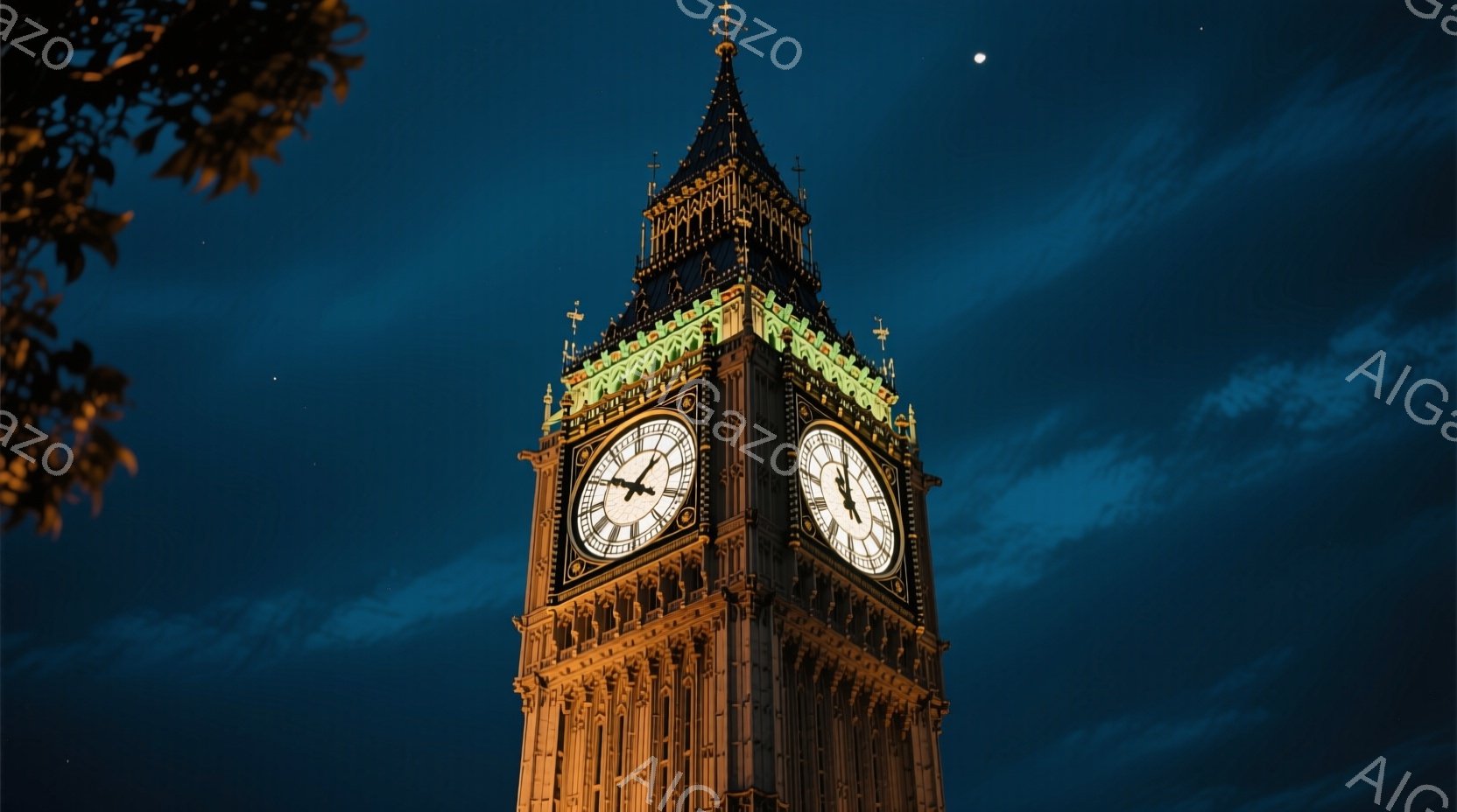 夜空を背景に、ウェストミンスター宮殿に隣接する時計台、通称ビッグ・ベンがそびえ立っている。建物は夜間に照らされ、詳細な石造りのデザインが際立っている。深い青色の空には星が散りばめられ、静かで荘厳な雰囲気を醸し出している。