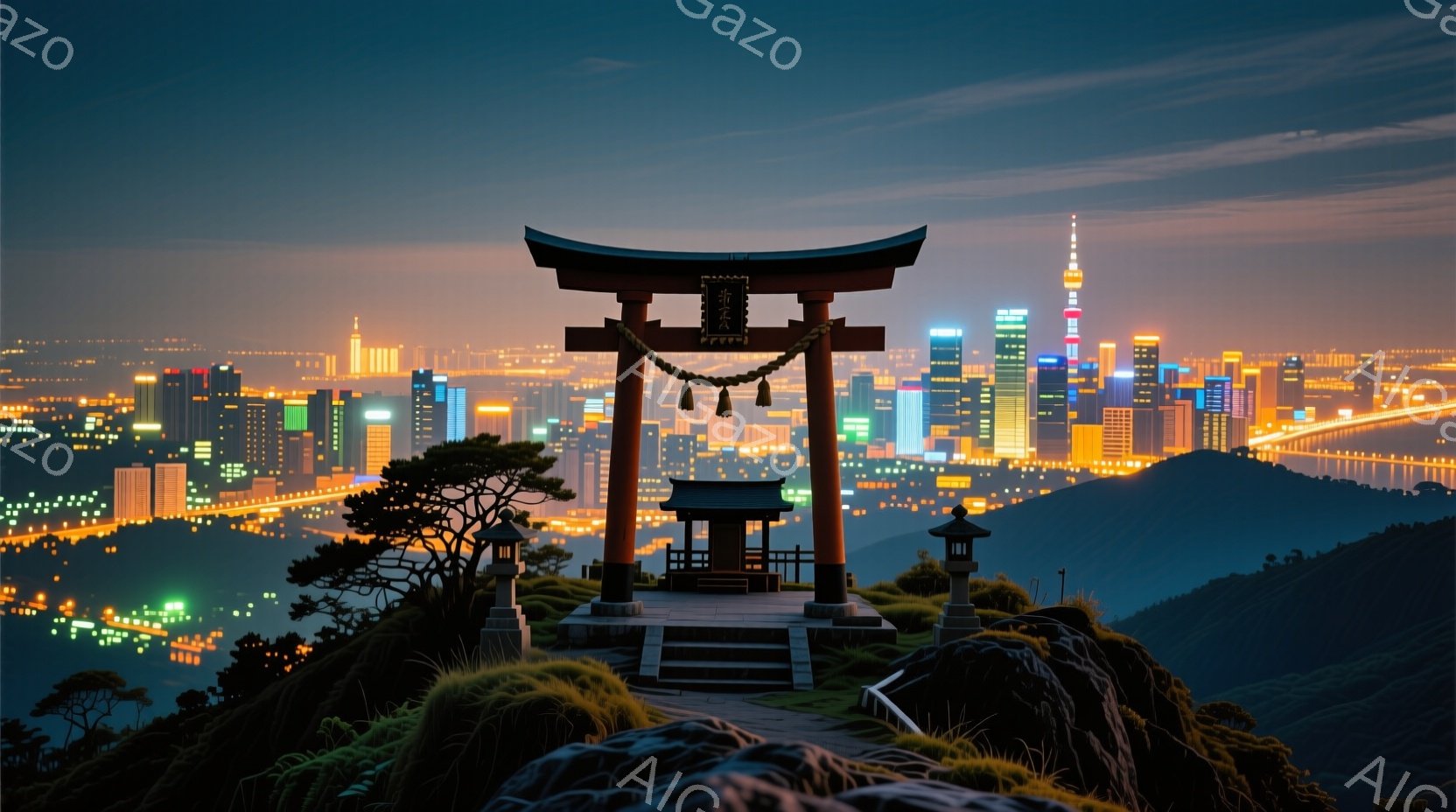 深い藍色の空を背景に、朱色の鳥居が丘の上に堂々と立っている。遠くには光り輝く都市の夜景が広がり、モダンな高層ビル群と自然の風景が対照的である。静寂で神秘的な雰囲気があり、夜空と都市の光が織りなす美しい - AI生成フリー素材