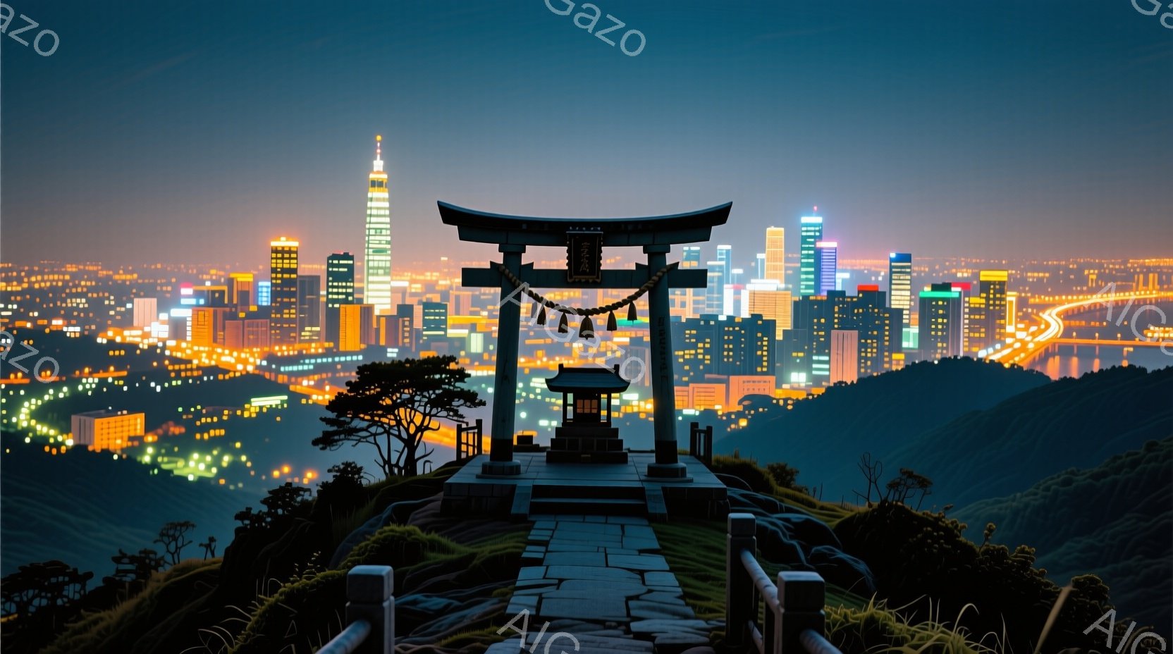 夜景を背景に、朱色の鳥居と小さな祠が佇む風景です。遠くには高層ビル群が広がり、都市の光が煌めいています。緑豊かな山並みと、鳥居を囲む草木が、静寂で神聖な雰囲気を醸し出しています。