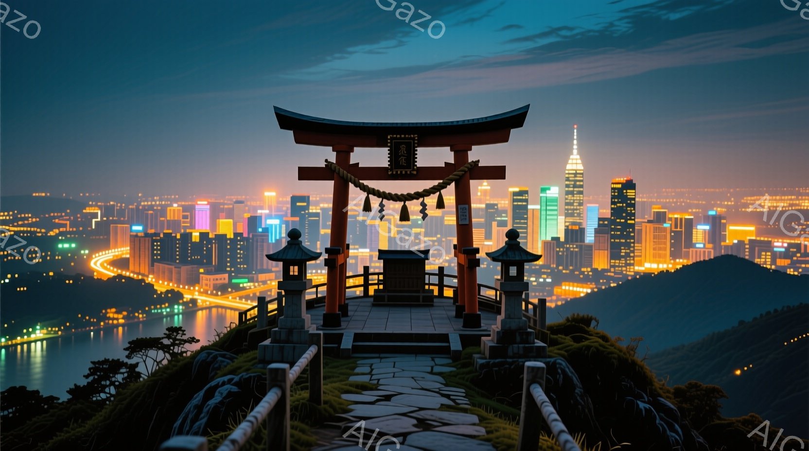 丘の上に建てられた朱色の鳥居が印象的な光景です。背後には夜景が広がる近代的な都市が広がっており、自然と人工の光が調和しています。石畳の道と低い柵が鳥居へと導き、静かで神聖な雰囲気を醸し出しています。 - AI生成フリー素材