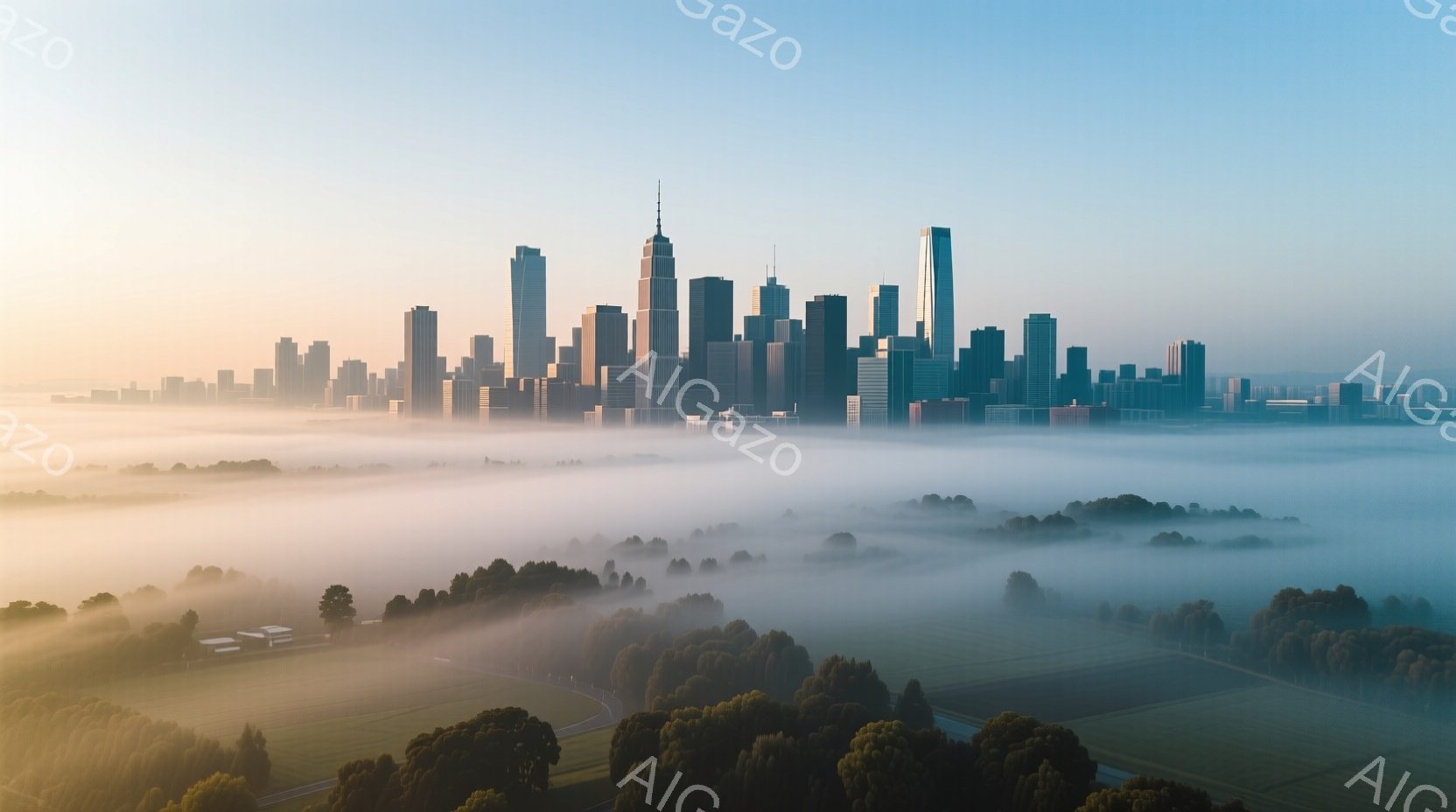 霧に包まれた都市の風景が広がり、高層ビル群が霞の中に浮かび上がっている。手前の緑豊かな草原や樹木は、霧によって幻想的な雰囲気を醸し出し、朝日の柔らかい光が全体を包み込んでいる。この景色は静寂と神秘を感 - AI生成フリー素材