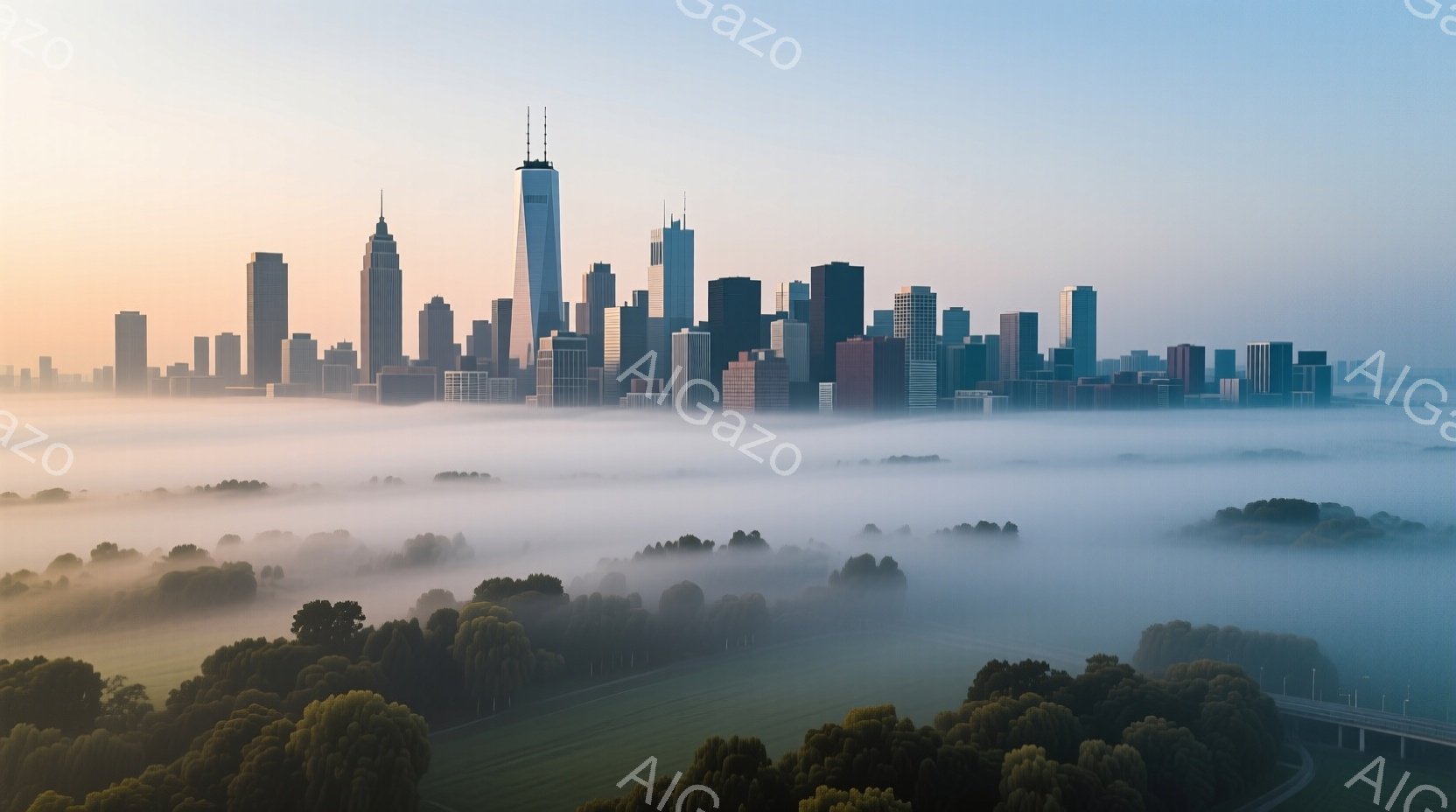 シカゴのスカイラインが、濃い霧に包まれた緑豊かな風景の上にそびえ立っている。高層ビル群は霧の中から姿を現し、朝焼けの柔らかな光に照らされ、幻想的な雰囲気を醸し出している。下には緑の牧草地と道路が広がり、都市と自然のコントラストが美しい。