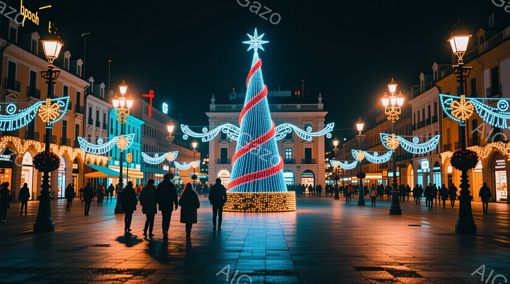 広場の中央には、鮮やかなライトで飾られた巨大なクリスマスツリーが聳え立っています。人々は黒いコートを着ており、後ろ姿から冬の寒さを感じさせます。背景にはネオクラシック様式の建物が立ち並び、空は暗く、ラ - AI生成フリー素材