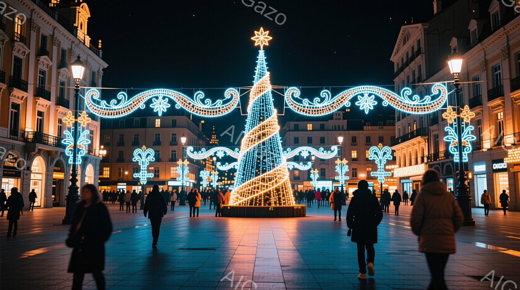 広場の中央には、明るい青色の光で飾られた巨大なクリスマスツリーが聳え立っており、その周りには人々が散歩している。人々は冬のコートを着ており、後ろ姿しか見えないため表情は不明だが、歩く姿からゆったりとし - AI生成フリー素材