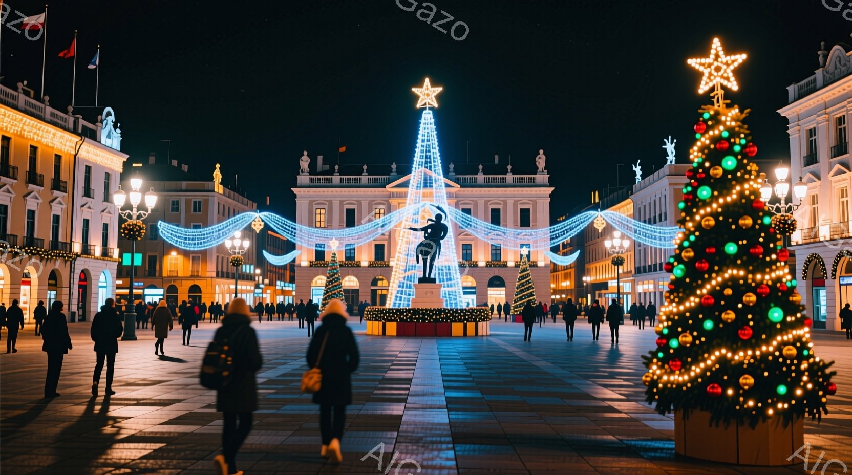 広場にはクリスマス装飾が施された高いクリスマスツリーと、夜空を背景にした彫像が聳え立っている。人々は冬のコートを着て、広場を歩いたり立ち止まって景色を楽しんでいる様子で、暖かく、お祝いムードに包まれている。背景には美しい建築様式の建物が立ち並び、夜の空には星が輝き、全体的に華やかでロマンチックな雰囲気を醸し出している。