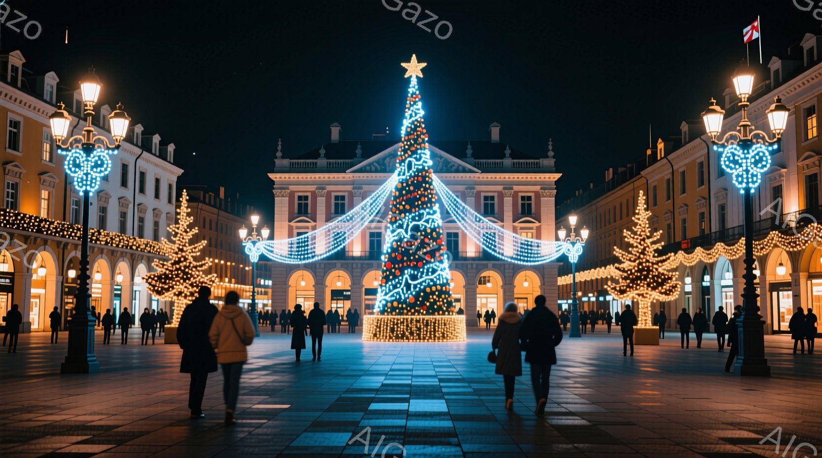 広場の中央には高くそびえ立つクリスマスツリーが飾られ、周囲の建物や街路樹が温かい光で彩られています。人々はコートやジャケットを着て、広場をゆっくりと歩き、夜の静けさとクリスマスの雰囲気を楽しんでいます - AI生成フリー素材