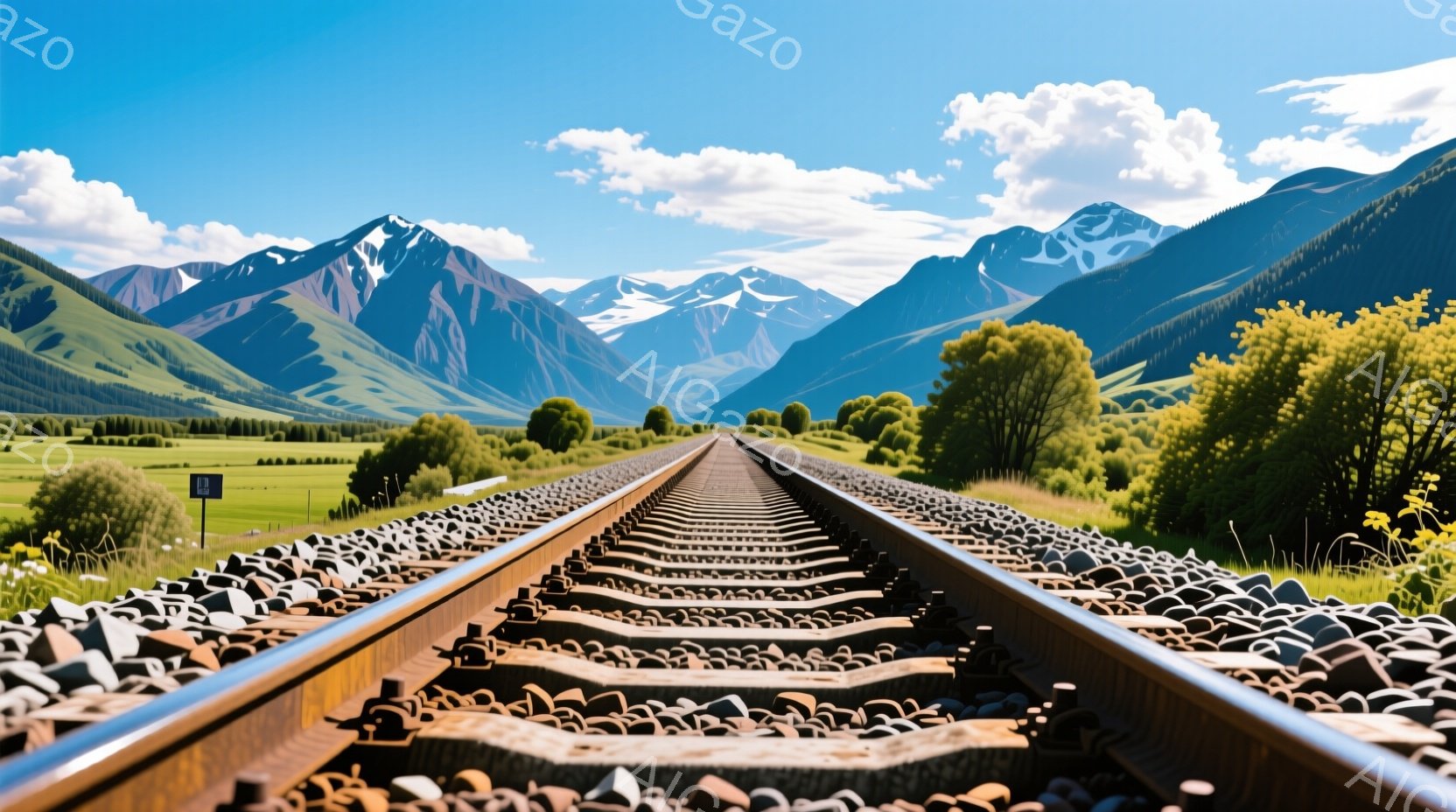 鉄道線路が前景いっぱいに広がり、遠くには緑豊かな山々が連なっている。青空には白い雲が浮かび、線路脇には緑の草木が生い茂り、自然豊かな風景が広がっている。全体的に、希望と冒険を感じさせる、開放的で美しい雰囲気である。