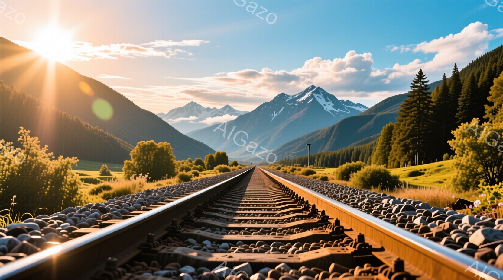鉄路が遠くの山々へとまっすぐに伸びており、両脇には緑豊かな草地と木々が生い茂っている。太陽が雲間から差し込み、線路に輝きを与え、背景の雪をかぶった山々に暖かな光を当てている。全体的に、穏やかで希望に満 - AI生成フリー素材