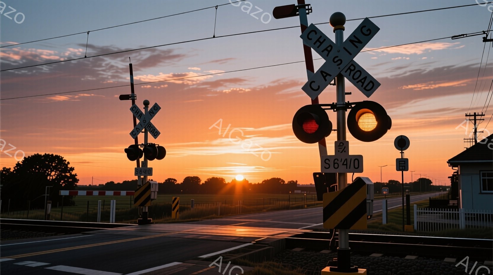 夕焼け空の下、線路の手前に設置された警告信号機が印象的な光景です。オレンジと赤色が混ざり合う空は、穏やかで美しい夕暮れ時を表現しており、手前の道路と線路が遠くの建物へと続いています。全体的に、静かで牧 - AI生成フリー素材